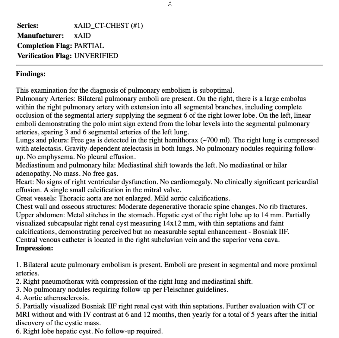 Structured radiology report with findings and impressions